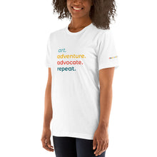 Load image into Gallery viewer, Art. Adventure. Advocate. Repeat. Short Sleeve T-shirt
